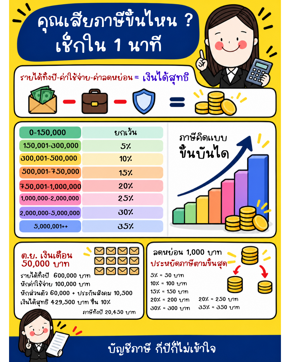 คุณเสียภาษีขั้นไหน ตารางขั้นภาษีและตัวอย่างเงินเดือน 50,000 บาท